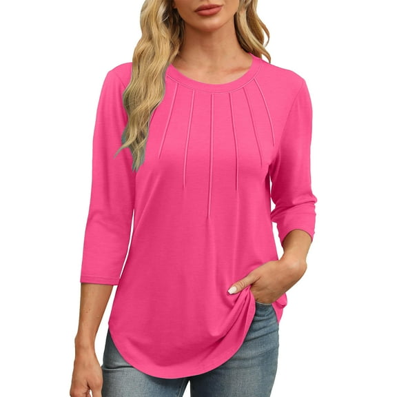 Womens 3/4 Sleeve Tunic Tops Basic Tees Crewneck Pleated Shirts Pure Pullover Curved Hem Blouse Top