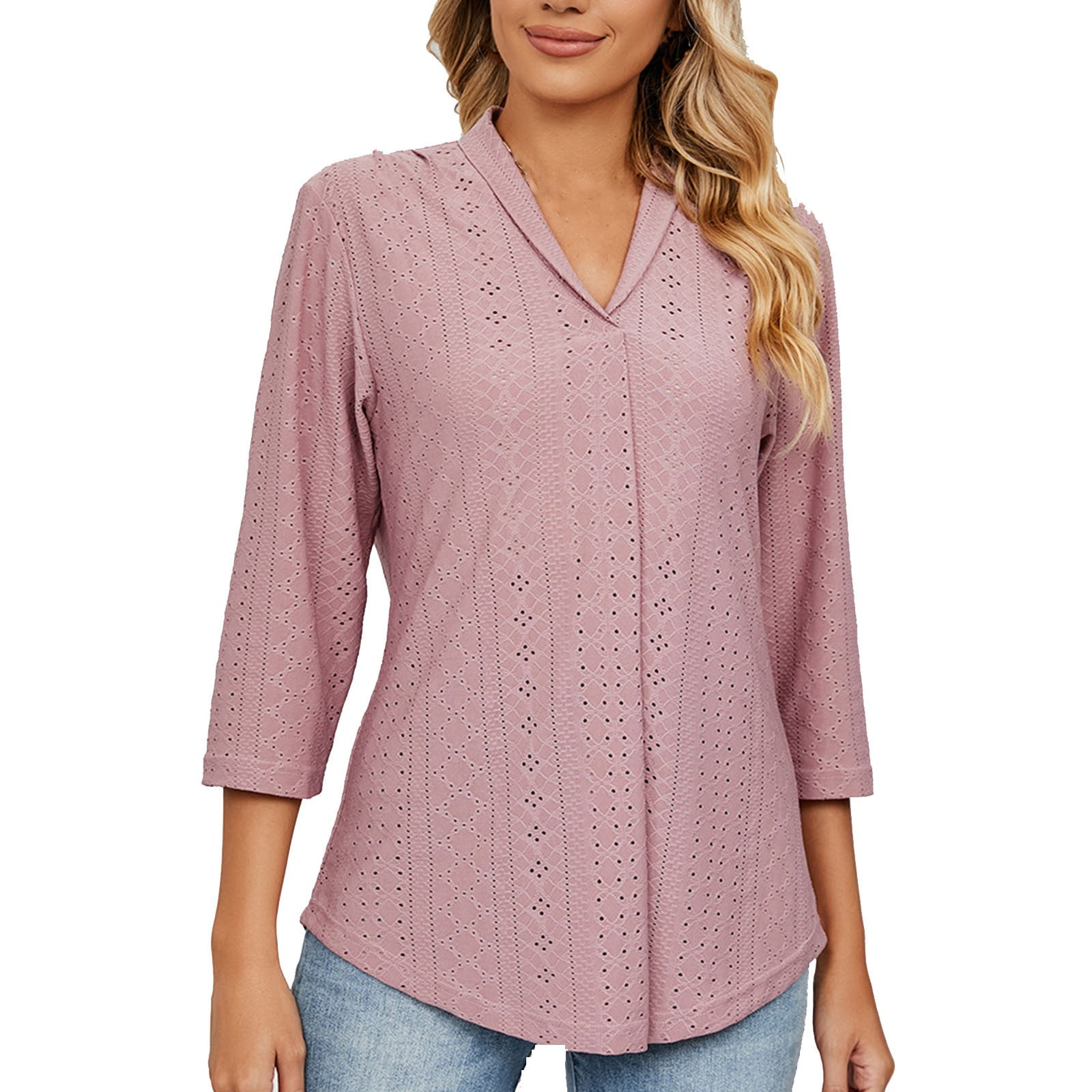 Yuzhih Womens 3/4 Sleeve Tunic Tops Eyelet V Neck Blouses Loose Fit ...