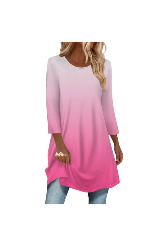 Womens 3/4 Sleeve Tunic Tops, Long Length Shirts for Women Fall Fashion Loose Fit Ombre Tie Dye Crewneck T-Shirts