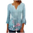thumbnail image 1 of Womens 3/4 Sleeve Tunic Tops Relaxed Fit Elegant Henley Neck Flared Sleeve Blouses Casual Soft Longline Work Tees Shirts Trendy Floral Printed Ladies Button Tunics Party, 1 of 5