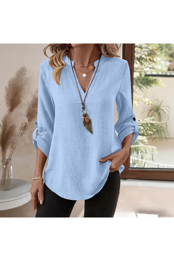 Womens 3/4 Sleeve Tunic Tops V Neck Linen Blend Blouses with Pockets Casual High Low Hem Button Shirts,Size L