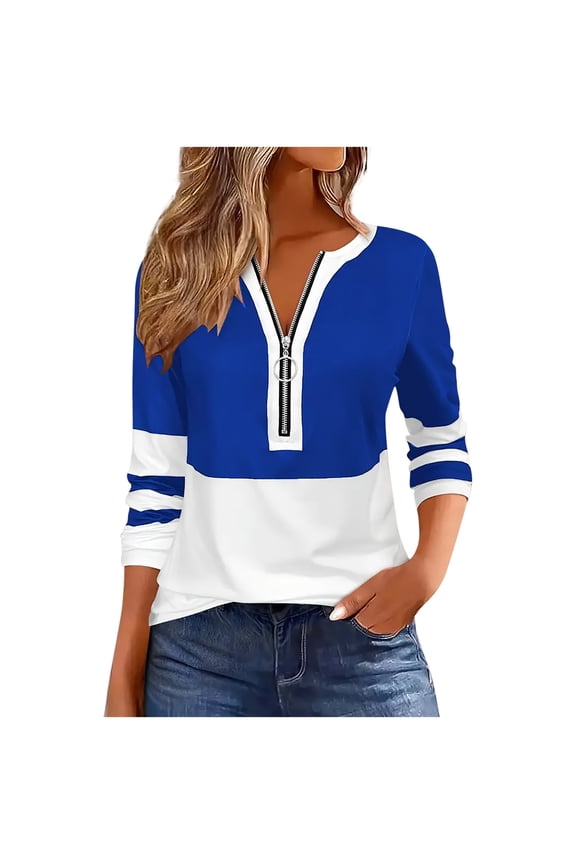 Womens 3/4 Sleeve Tunics Tops Half Zipper Color Block Blouse Tops Loose Fitting Casual Summer Fall Shirts Trendy Tops Blue M