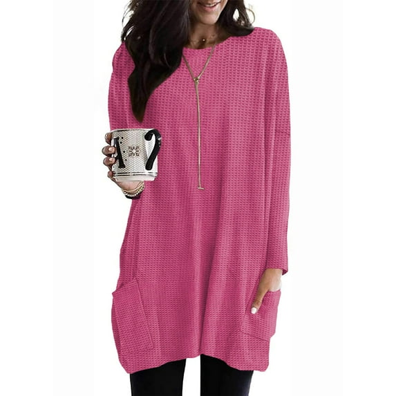 Womens 3/4 Sleeve Tunics or Tops to Wear with Leggings Long Shirts Tops with Pockets 06-Hot Pink S