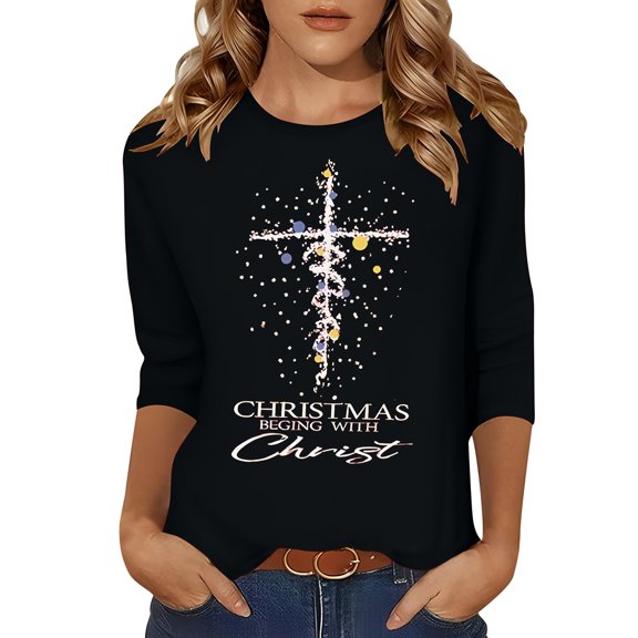 Womens 3/4 Sleeve V Neck Christmas T-Shirts Merry Christmas Tee Tops Color: Black Size: L