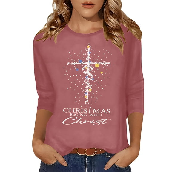 Womens 3/4 Sleeve V Neck Christmas T-Shirts Merry Christmas Tee Tops Color: Pink Size: XL