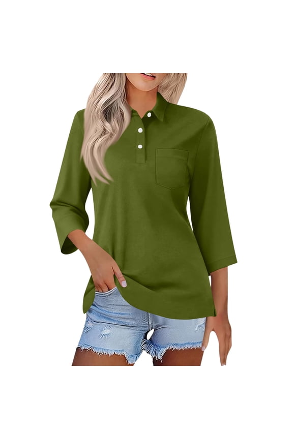Womens 3/4 Sleeve V Neck Dressy Polo Shirts Collared Button Down Work Tops Casual Tennis Basic Blouses Army Green XL