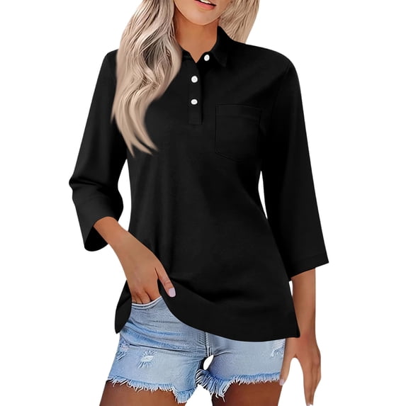 Womens 3/4 Sleeve V Neck Dressy Polo Shirts Collared Button Down Work Tops Casual Tennis Basic Blouses Black 3XL