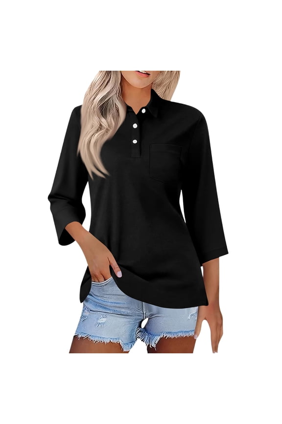 Womens 3/4 Sleeve V Neck Dressy Polo Shirts Collared Button Down Work Tops Casual Tennis Basic Blouses Black M