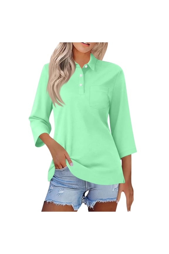 Womens 3/4 Sleeve V Neck Dressy Polo Shirts Collared Button Down Work Tops Casual Tennis Basic Blouses Mint Green S