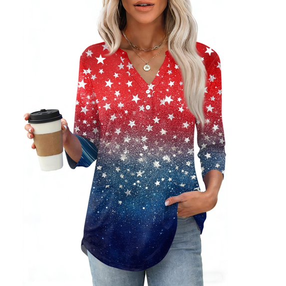 Womens 3/4 Sleeve V Neck Henley Pullover Top with Independence Day Inspired Print Casual Loose Fit Blouse for Daily Wear
