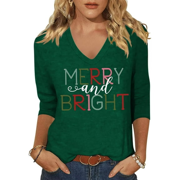 Womens 3/4 Sleeve V Neck T-Shirts Merry Bright Christmas Tree Graphic Tee Tops