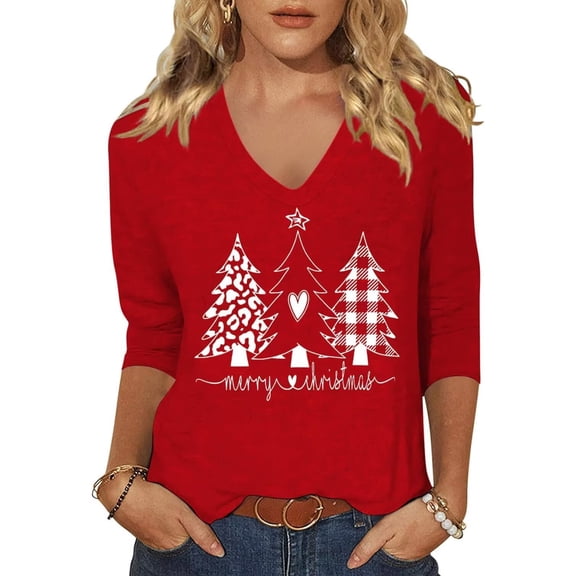 Womens 3/4 Sleeve V Neck T-Shirts Merry Bright Christmas Tree Graphic Tee Tops