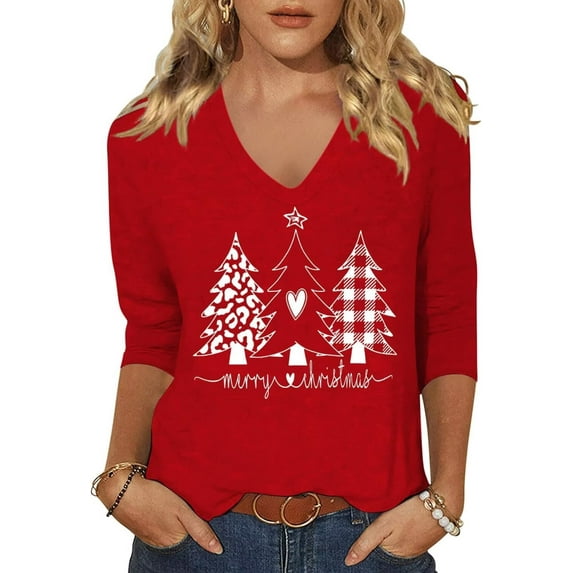 Womens 3/4 Sleeve V Neck T-Shirts Merry Bright Christmas Tree Graphic Tee Tops