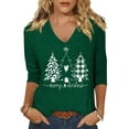 thumbnail image 1 of Womens 3/4 Sleeve V Neck T-Shirts Merry Bright Christmas Tree Graphic Tee Tops, 1 of 1
