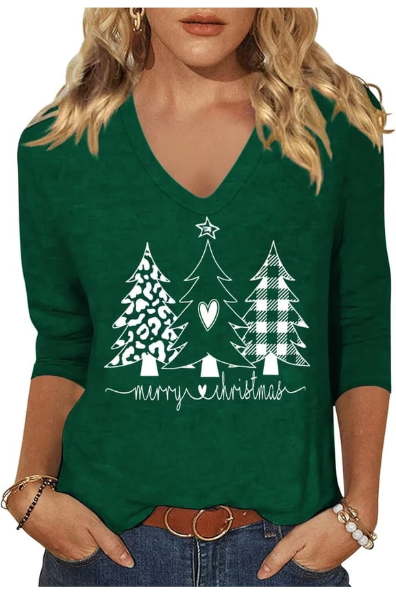 Womens 3/4 Sleeve V Neck T-Shirts Merry Bright Christmas Tree Graphic Tee Tops