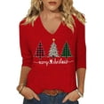 thumbnail image 1 of Womens 3/4 Sleeve V Neck T-Shirts Merry Bright Christmas Tree Graphic Tee Tops, 1 of 1