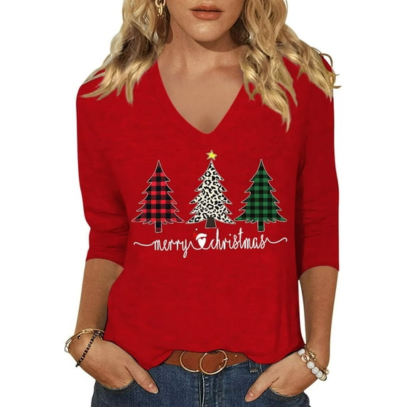 Womens 3/4 Sleeve V Neck T-Shirts Merry Bright Christmas Tree Graphic Tee Tops