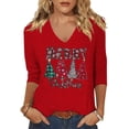 thumbnail image 1 of Womens 3/4 Sleeve V Neck T-Shirts Merry Bright Christmas Tree Graphic Tee Tops, 1 of 1