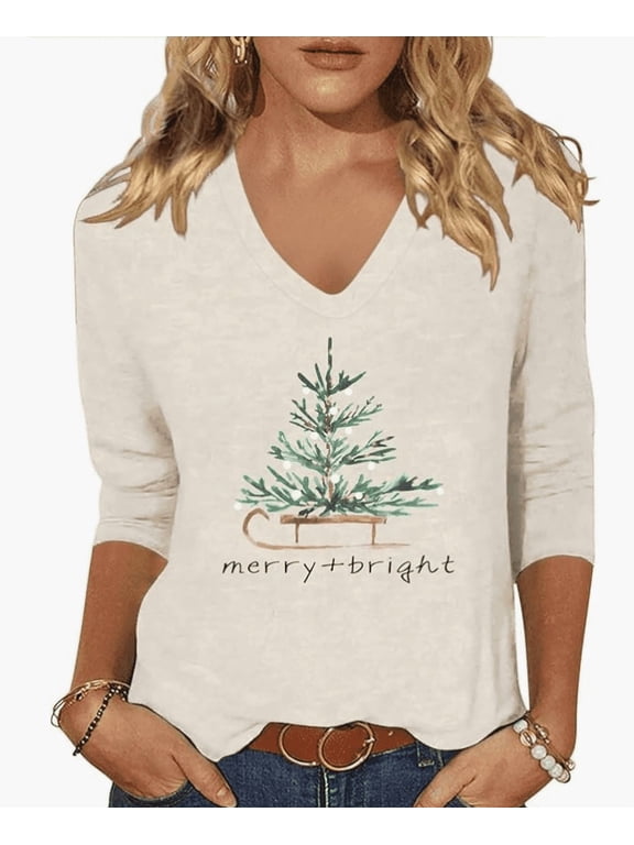 Womens 3/4 Sleeve V Neck T-Shirts Merry Bright Christmas Tree Graphic Tee Tops
