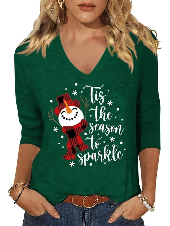 Womens 3/4 Sleeve V Neck T-Shirts Merry Bright Christmas Tree Graphic Tee Tops