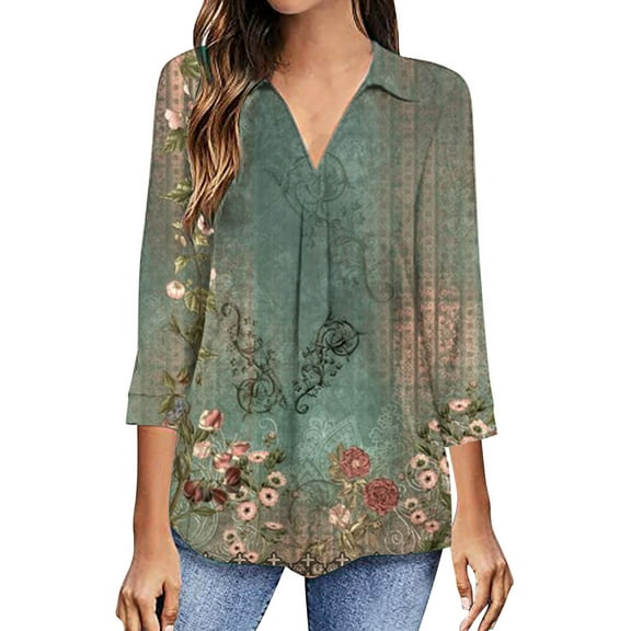 Womens 3/4 Sleeve V-Neck T-Shirts Trendy Casual Floral Print Wrinkled Flowing Blouses Vintage Lightweight Summer Tees Tops