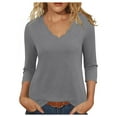 thumbnail image 1 of Womens 3/4 Sleeve V Neck Tops Scallop Trim Loose Casual Blouses Soft Basic Tees Shirts Trendy Loungewear, Gray L, 1 of 5