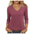 thumbnail image 1 of Womens 3/4 Sleeve V Neck Tops Scallop Trim Loose Casual Blouses Soft Basic Tees Shirts Trendy Loungewear, Hot Pink 3XL, 1 of 5