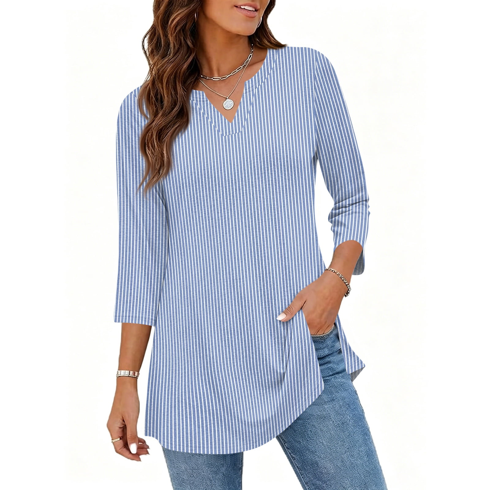 Womens 3/4 Sleeve V Neck Tunic Tops Casual Loose Fit 2026 Blouses Flowy ...