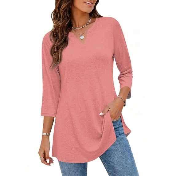 Womens 3/4 Sleeve V Neck Tunic Tops Summer Loose Fit Blouses Daily Vacation Casual T-Shirts