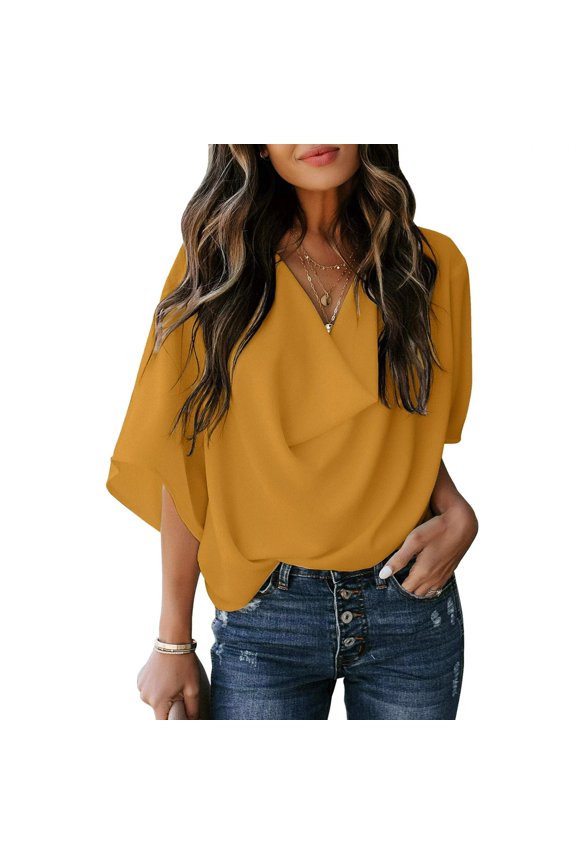 Womens 3/4 Sleeve V Neck Wrap Draped Front Blouses Tops Blouses and Short Sleeve Chiffon Shirts and Tops Yellow XL