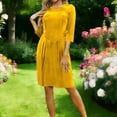 thumbnail image 1 of Womens 3/4 Sleeve Velvet Midi Dress Crew Neck Pleated A-Line Stretch Formal Dress for Work Wedding Travel Yellow XL, 1 of 6