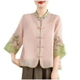 thumbnail image 1 of Womens 3/4 Sleeve Vintage Tops Cotton Linen Floral Embroidered Blouses Fall Fashion Retro Chinese Frog Button Shirt M-4XL, 1 of 6