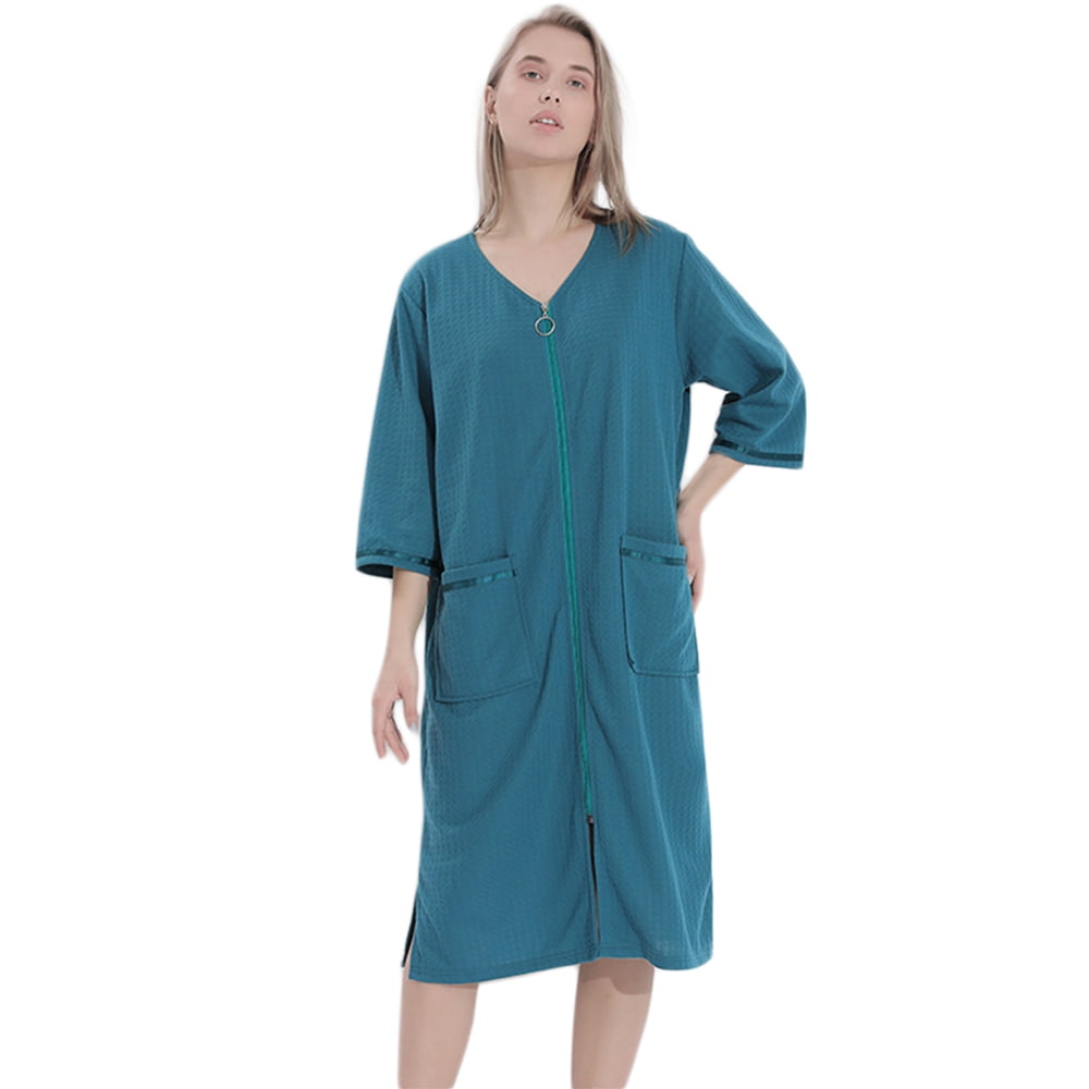 Womens 3/4 Sleeve Zipper Front Long Robe Housecoat Full Length Nightgowns Loungewear with