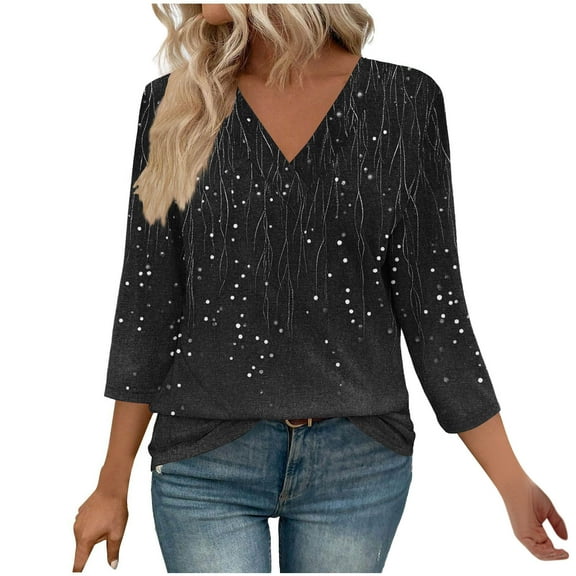Womens 3/4 Sleeves Blouse Teen Girls Dressy Gradient Pullover Loose Fit Tops Juniors V Neck Tunic Casual Summer