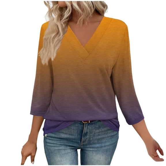 Womens 3/4 Sleeves Blouse Teen Girls Dressy Gradient Pullover Loose Fit Tops Juniors V Neck Tunic Casual Summer