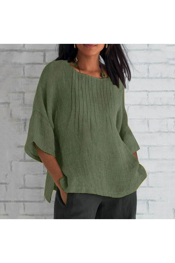 Womens 3/4 Sleeves Shirt Blouses Plus Size Shirt Trendy Solid Color Tunic Blouse Crew Neck Casual Loose Basic Tees Cotton Linen Oversized T Shirts Workout Tops Outfit Summer Clothess