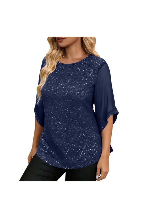 Womens 3/4 sleeve Plus Size Round Neck Tops Fashion Sparkle Glitter Blouses Loose Party Short Sleeve Shirts
