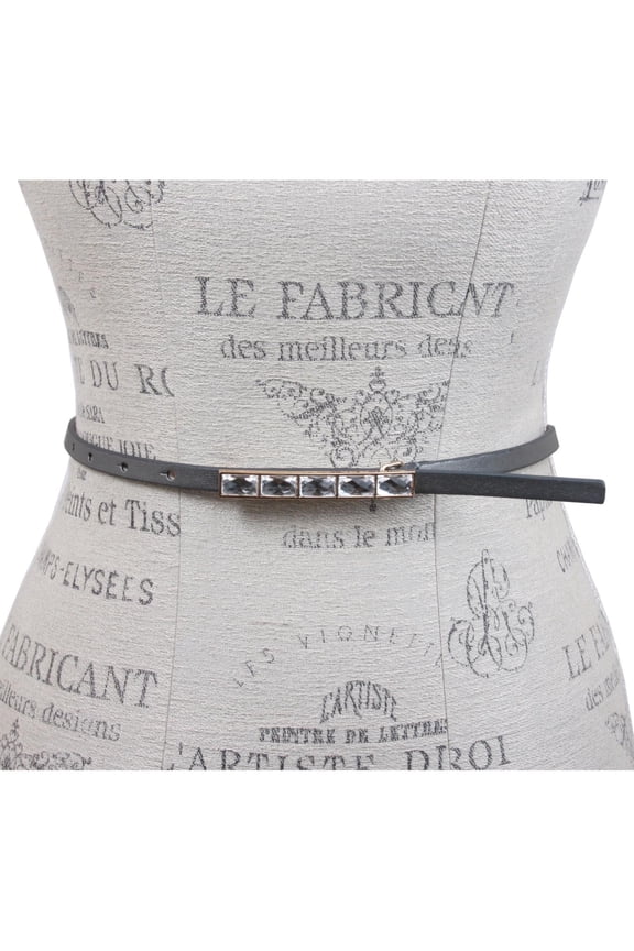 Womens 3/8" Skinny leather belt with Rhinestone rectangular buckle