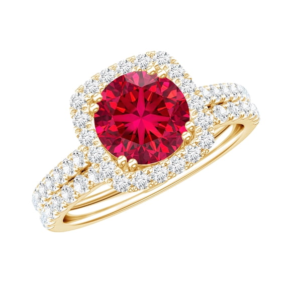 Rosec Jewels Certified Lab Grown Ruby Bridal Ring Set for Women - Ruby Engagement Ring with Wedding Band - AAAA Quality, 10K Yellow Gold, US 8.50