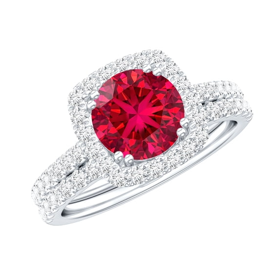 Rosec Jewels Certified Lab Grown Ruby Bridal Ring Set for Women - Ruby Engagement Ring with Wedding Band - AAAA Quality, 14K White Gold, US 8.50
