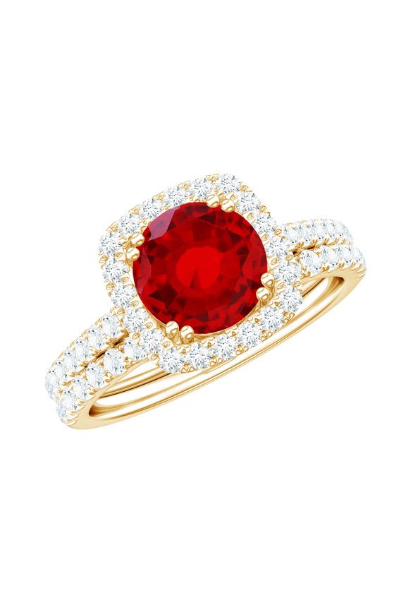 Certified Lab Grown Ruby Bridal Ring Set for Women - Ruby Engagement Ring with Wedding Band - AAAA Quality, 14K Yellow Gold, US 11.00