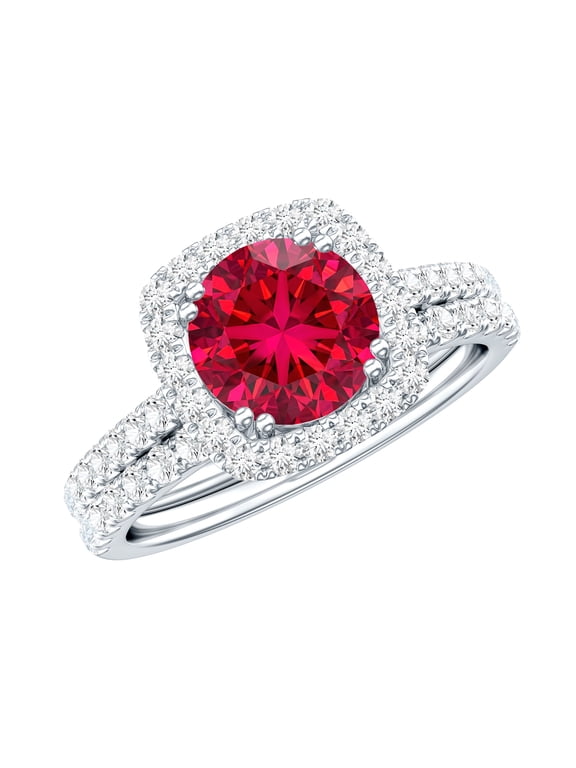 Certified Lab Grown Ruby Bridal Ring Set for Women - Ruby Engagement Ring with Wedding Band - AAAA Quality, 925 Sterling Silver, US 4.00