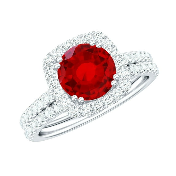 Rosec Jewels Certified Lab Grown Ruby Bridal Ring Set for Women - Ruby Engagement Ring with Wedding Band - AAAA Quality, 925 Sterling Silver, US 9.50