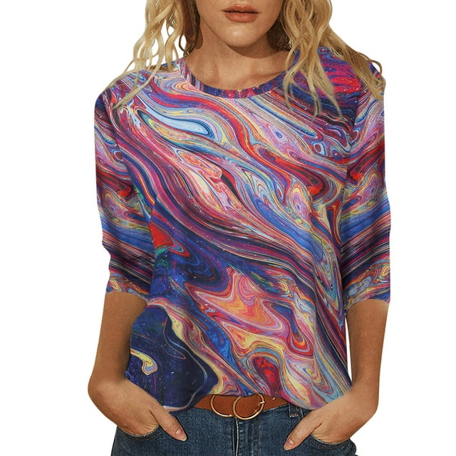 Womens 3 Of 4 Sleeve Crew Neck Tie Dyed Printed T Shirt Top Casual ...