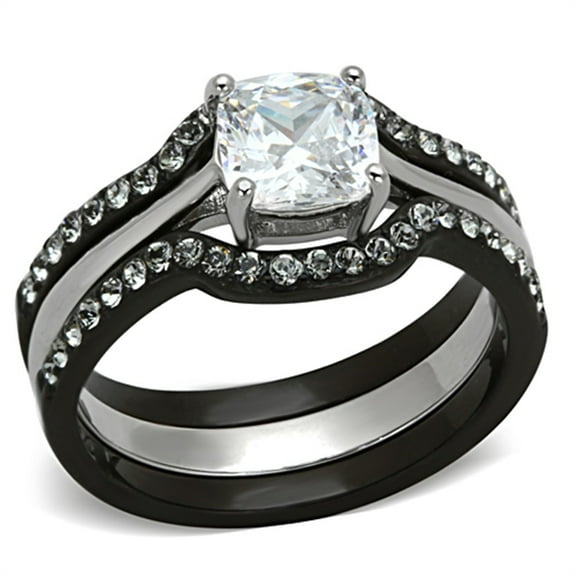 Womens 3 PCS 1.15 Carat Cushion Cut CZ Black IP Two-Tone Stainless Steel Wedding Ring Set - Size 5