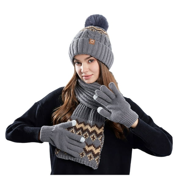 Womens 3 PCS Beanies Scarf Gloves Set Winter Cold Weather Gear Pompom Cuffed Hats Long Neck Scarfs Warm Gloves Gray