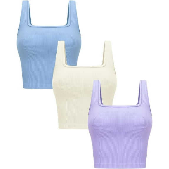 Womens 3 Pack Crop Tank Tops Basic Seamless Ribbed Sleeveless Square Neck Workout Top Summer Exercise Yoga Gym Shirts