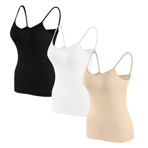 Womens 3 Pack Everyday Bras, Cotton Camisole Tops for Women Shelf Bra Spaghetti Strap Tank Top Basic Cami Undershirt with Built in Bra S-XL