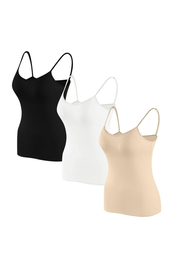 Womens 3 Pack Everyday Bras, Cotton Camisole Tops for Women Shelf Bra Spaghetti Strap Tank Top Basic Cami Undershirt with Built in Bra S-XL