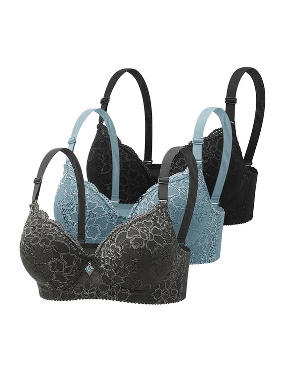 Womens 3 Pack Everyday Bras, Push Up Bras for Women Add 2 Cups Sexy Lace Cleavage Extra Padded Plunge Bra Underwire S-3XL 